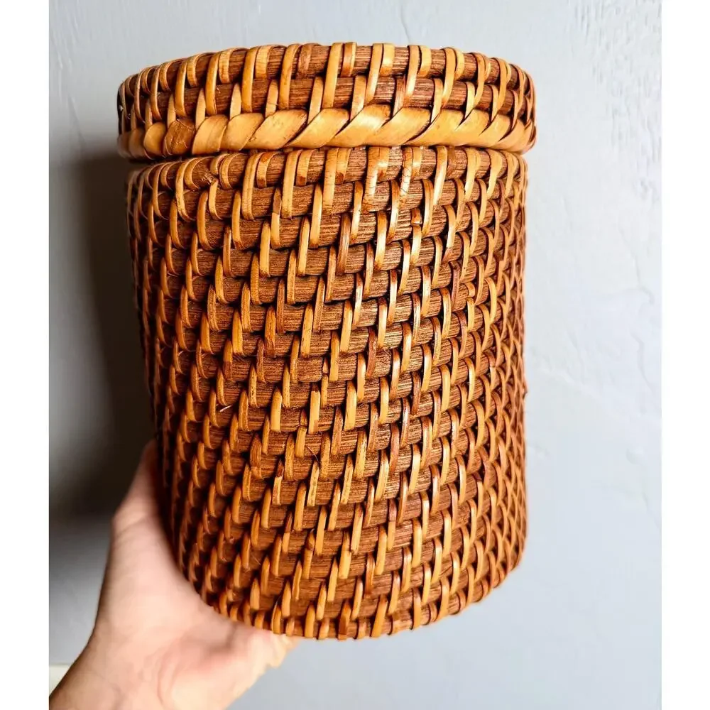 1970s Vintage Philippines Rattan Lidded Basket Coconut Shell Floral Lid Boho